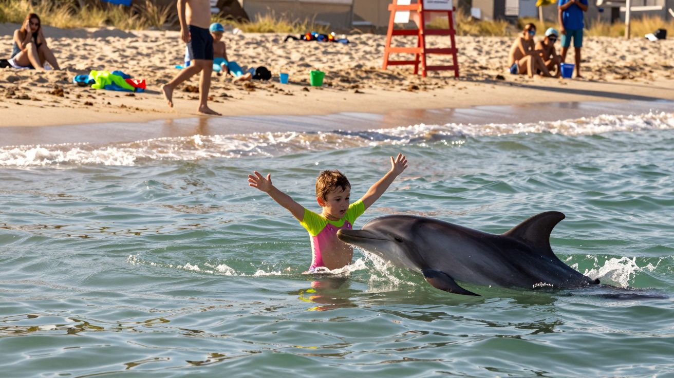 Criança na água com braços levantados interage alegremente com um golfinho junto à praia com pessoas ao fundo.