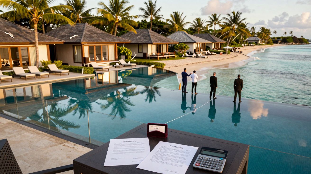 Piscina infinita junto à praia com quatro homens de fato e mesa com documentos e calculadora numa resort.