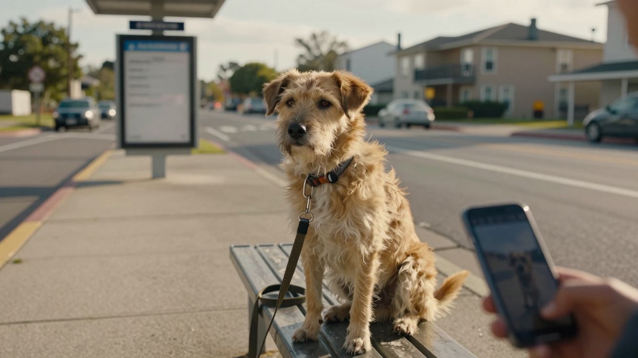 Cão castanho de pelo encaracolado sentado numa bancada junto a uma paragem de autocarro numa rua urbana.