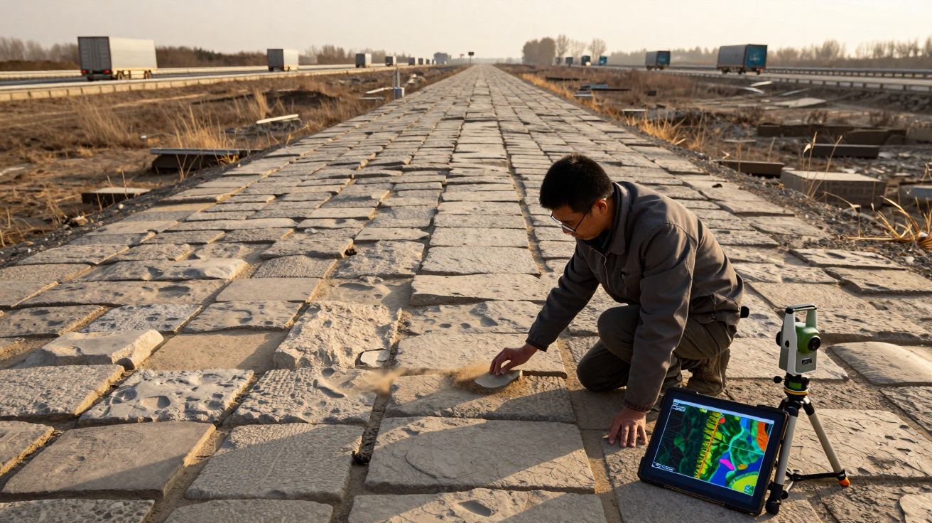 Homem a examinar pedras antigas numa estrada de blocos de pedra com equipamento de medição e monitor ao lado.