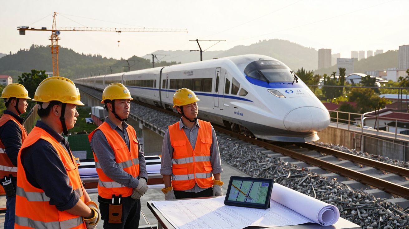Quatro trabalhadores em coletes e capacetes de segurança observam um comboio de alta velocidade numa linha ferroviária.