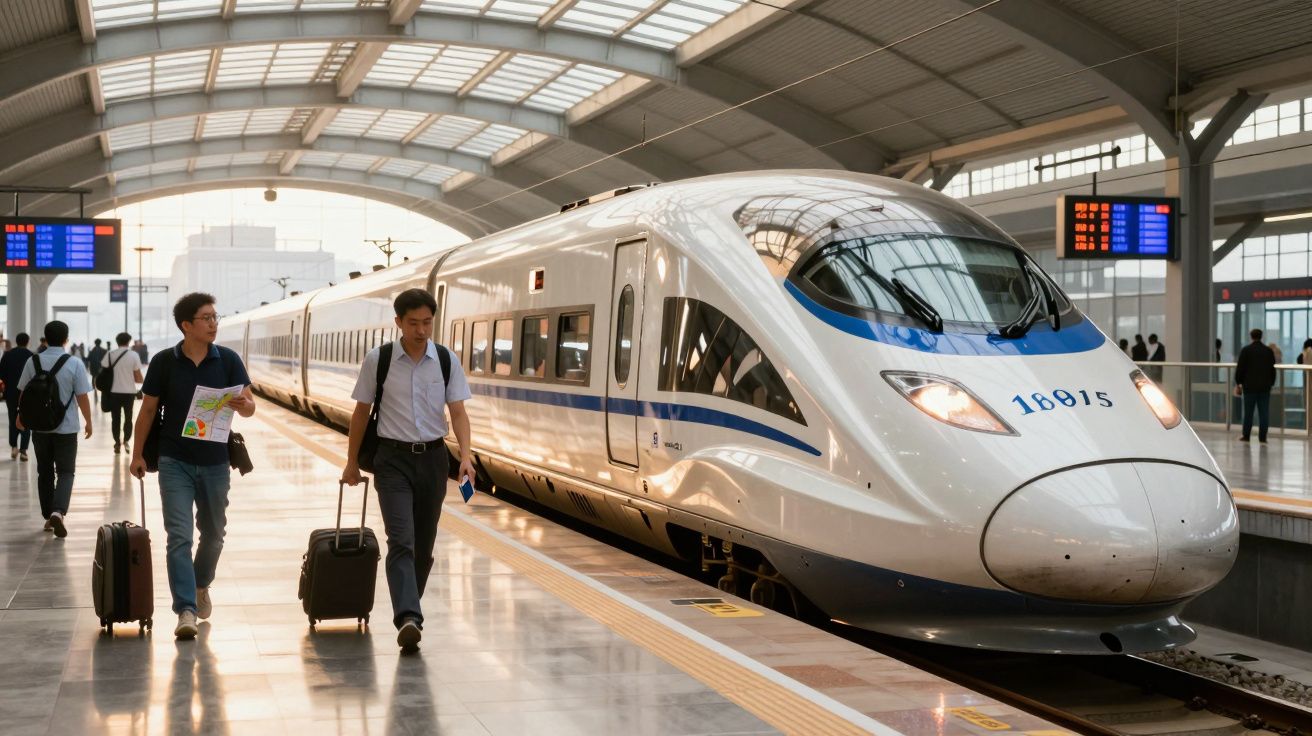Comboio de alta velocidade numa estação moderna com passageiros a caminhar na plataforma.