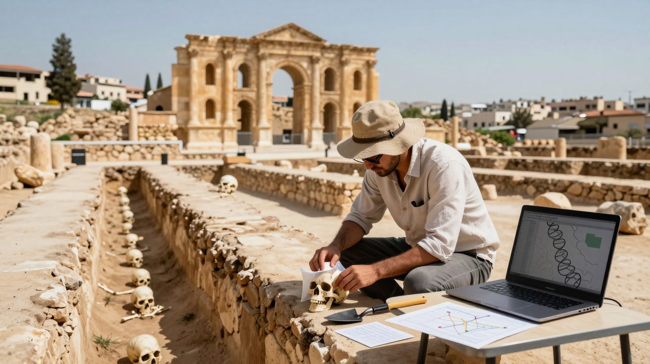 Arqueólogo analisa crânio num sítio arqueológico com restos humanos e ruínas antigas ao fundo.