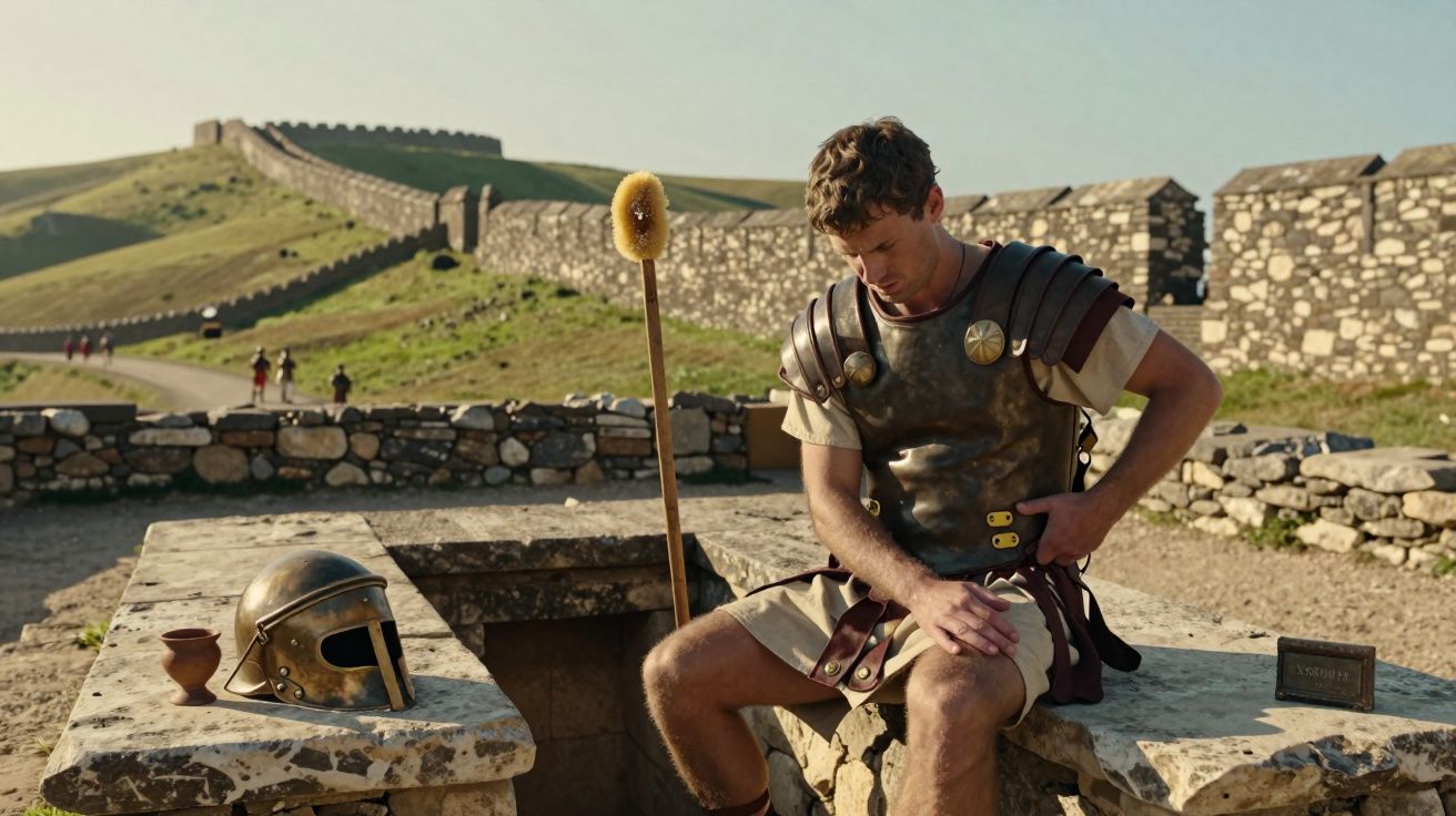 Soldado romano sentado, vestido com armadura, próximo a muralha de pedra antiga ao ar livre.