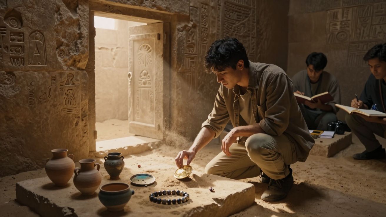 Jovem arqueólogo examina artefactos antigos num túmulo egípcio com estatuetas e objetos de cerâmica.