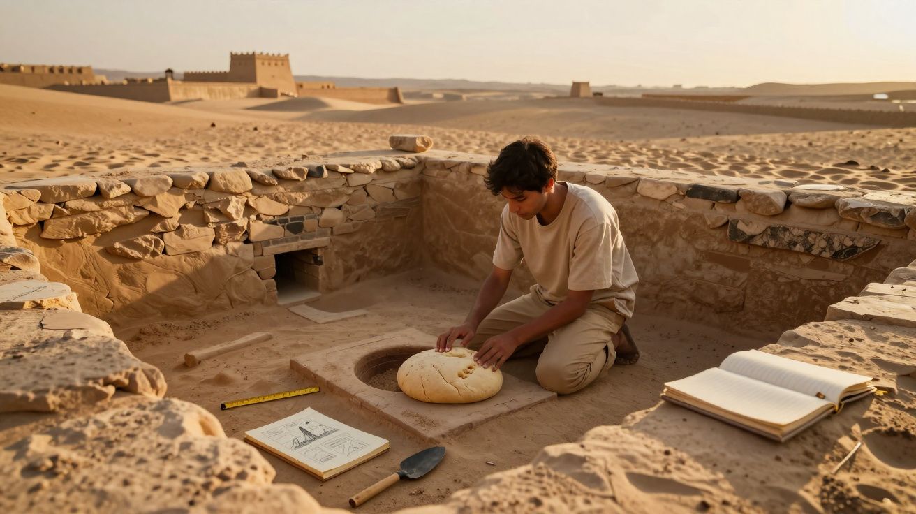 Jovem sentado no deserto próximo a forno de pedra antigo, com pão, caderno, régua e ferramentas de escavação.