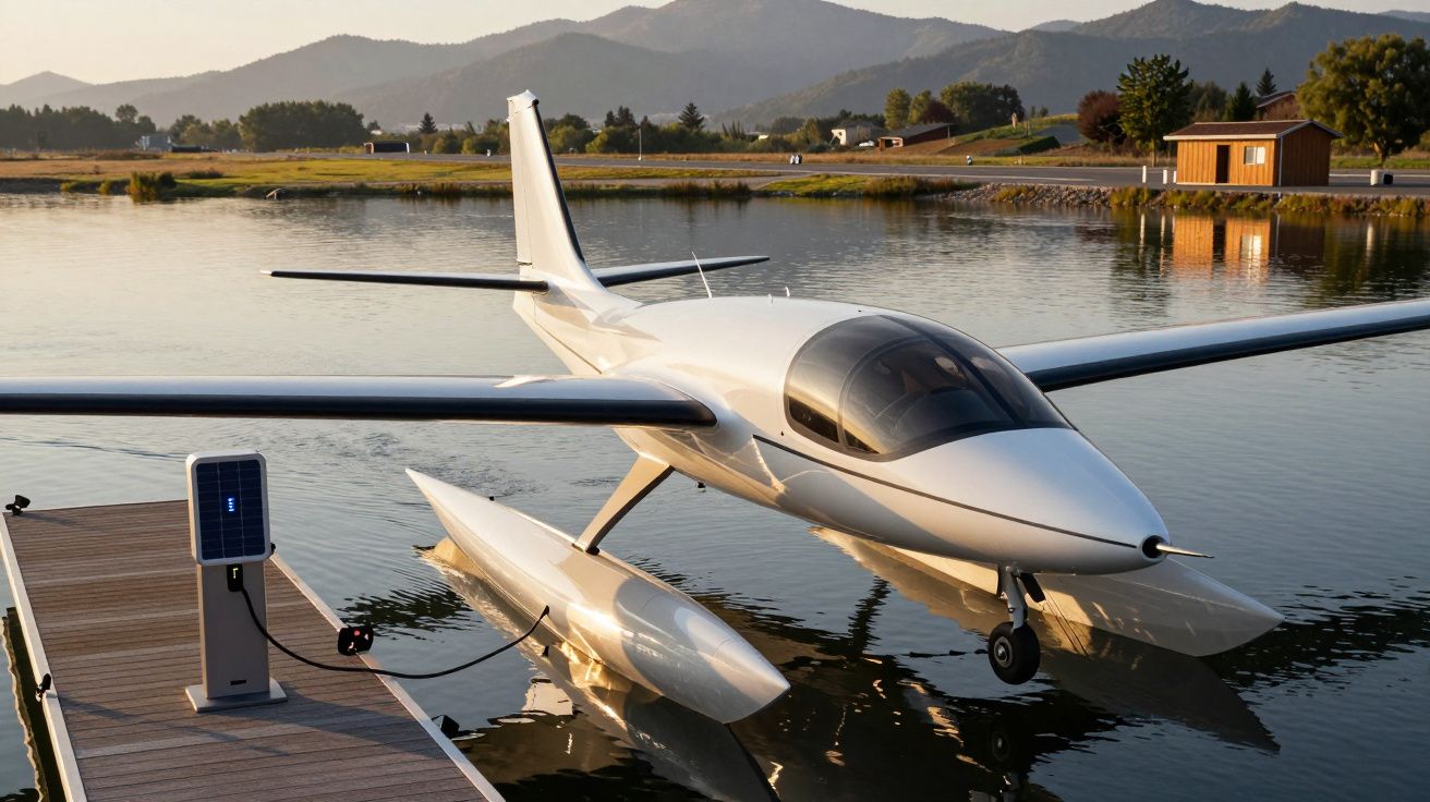 Avião anfíbio elétrico branco a carregar na doca junto a lago tranquilo com montanhas ao fundo.