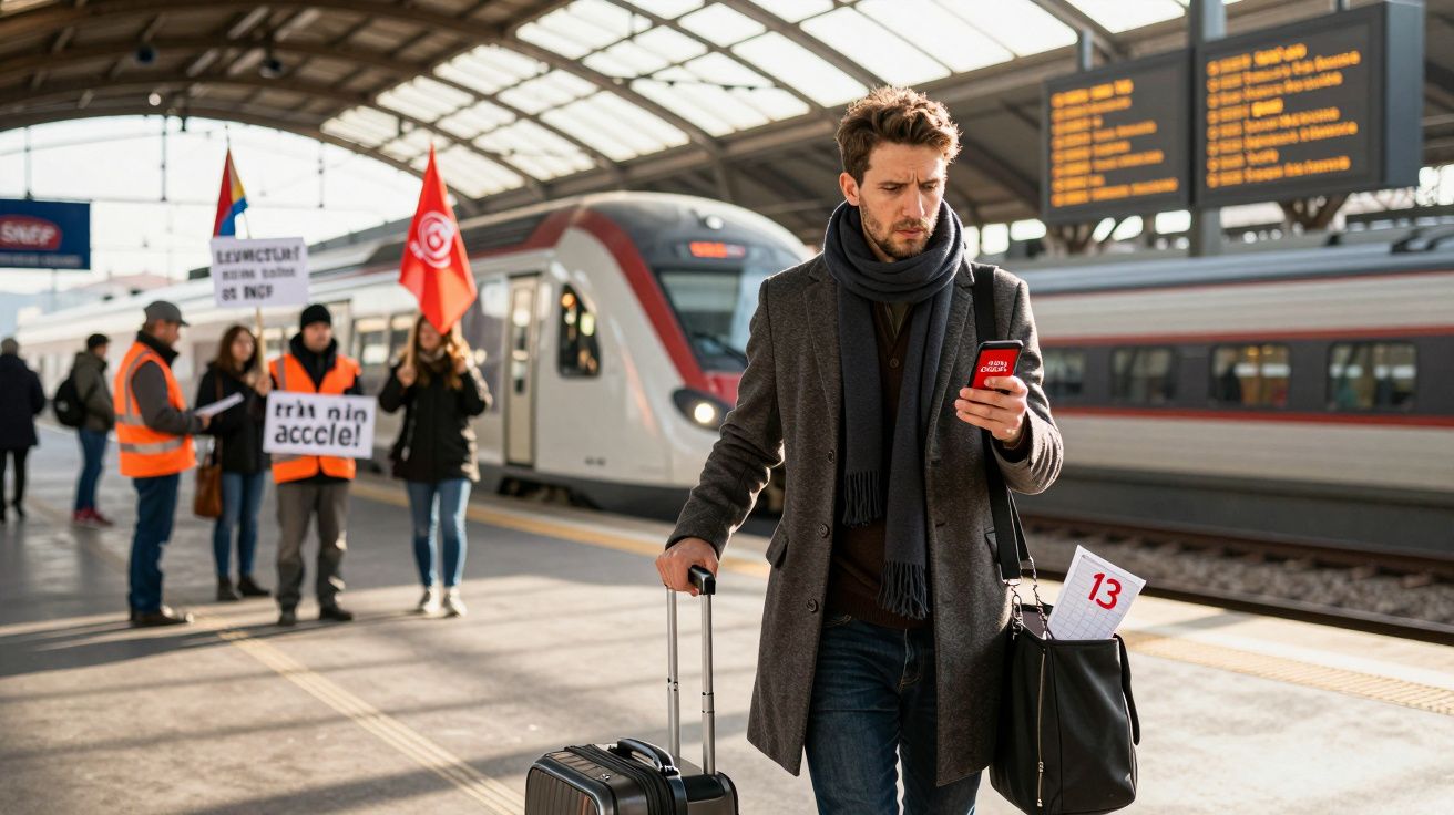 Homem preocupado consulta telemóvel numa estação de comboio durante protesto de trabalhadores ao fundo.