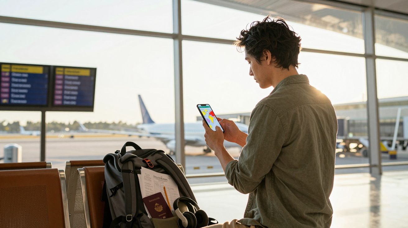 Homem sentado no aeroporto com mochila, passaporte e telefone a consultar mapa.
