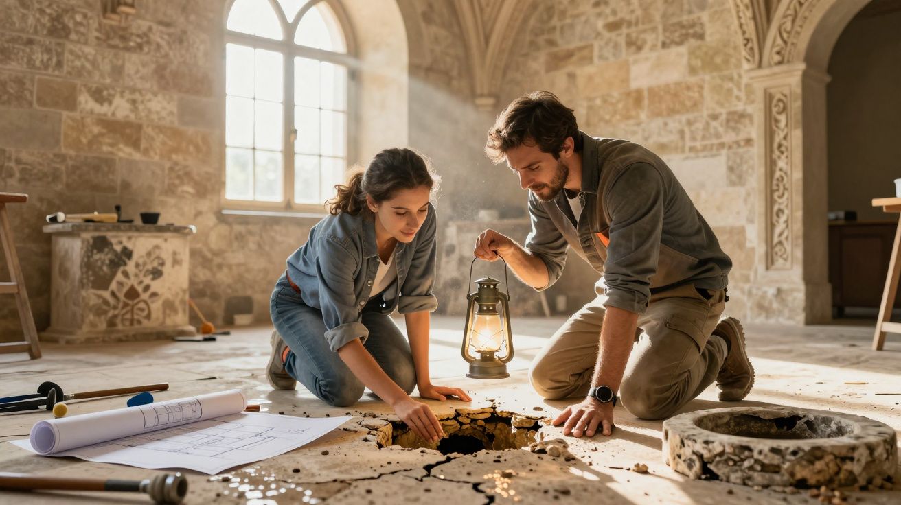 Casal explora fendas no chão de pedra de edifício antigo com lanternas e plantas arquivísticas.