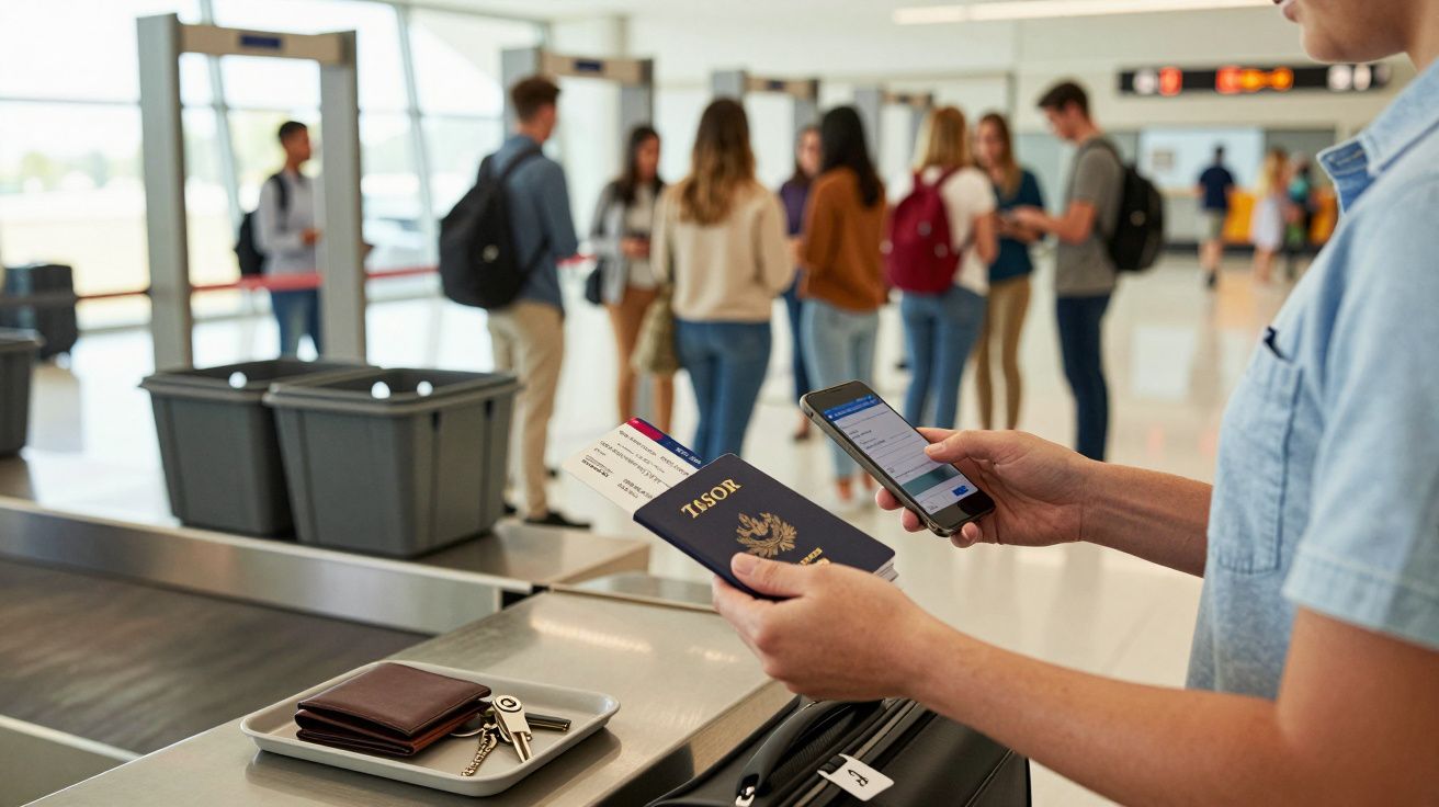 Pessoa num aeroporto a segurar passaporte, bilhetes e smartphone, com grupos e malas ao fundo.