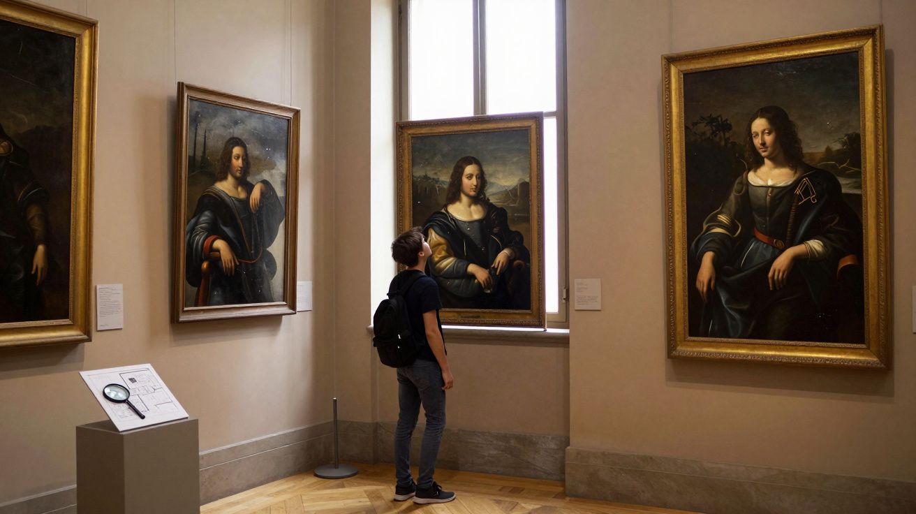 Pessoa a observar retratos clássicos de mulheres emolduradas numa galeria de arte iluminada por janela alta.