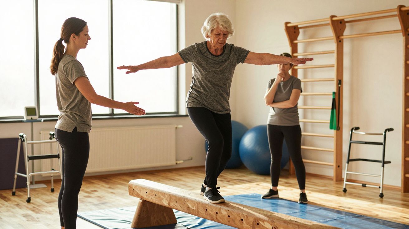 Senhora idosa faz exercício de equilíbrio numa barra de madeira com acompanhamento de duas instrutoras.