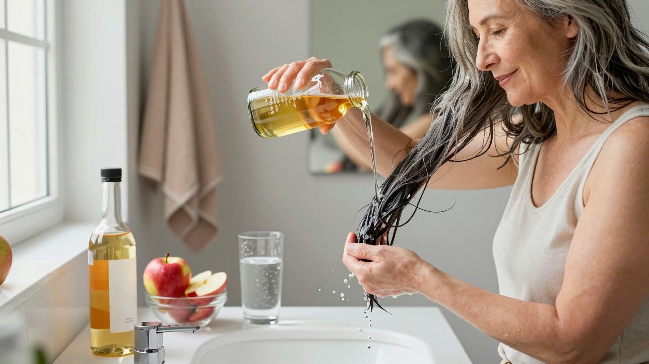 Mulher de meia-idade a aplicar óleo no cabelo num lavatório, ao lado de maçãs e uma garrafa.