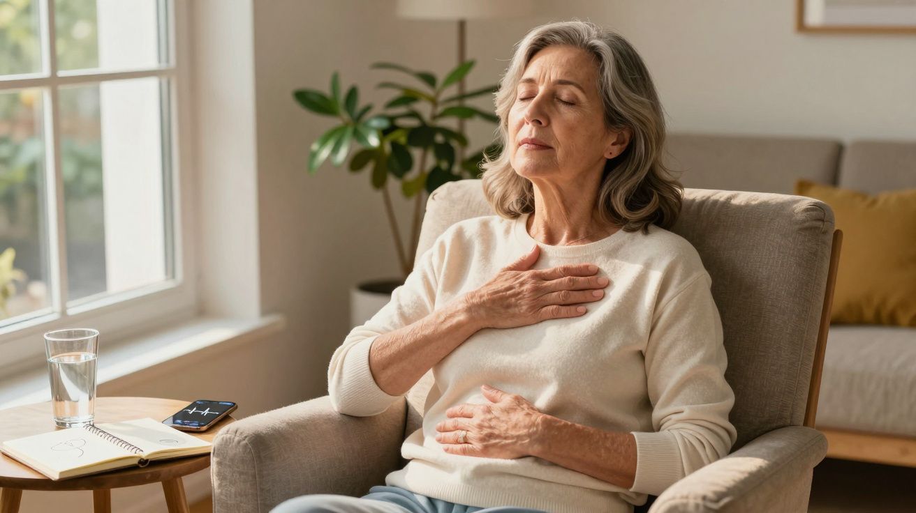 Mulher idosa sentada a relaxar com olhos fechados e mãos no peito e abdómen numa sala iluminada.