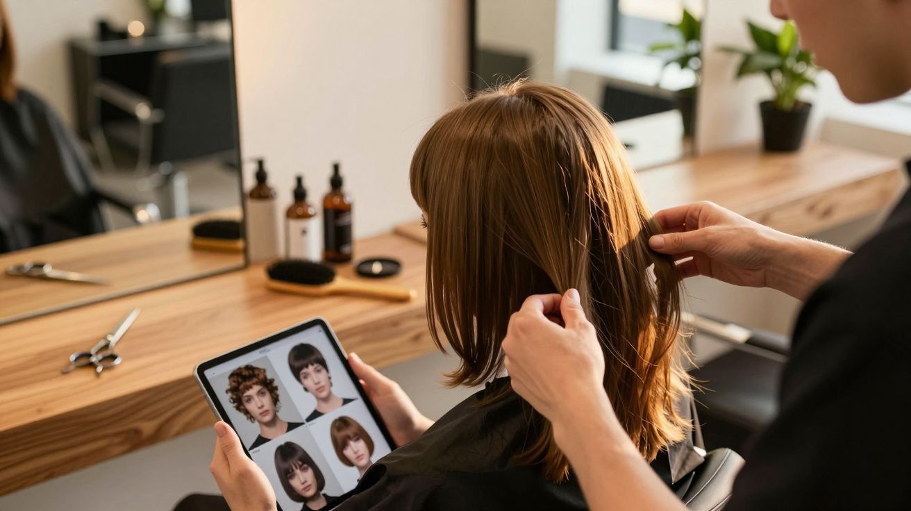 Cliente a mostrar fotos de cortes de cabelo num tablet enquanto cabeleireiro examina o cabelo dela num salão moderno.