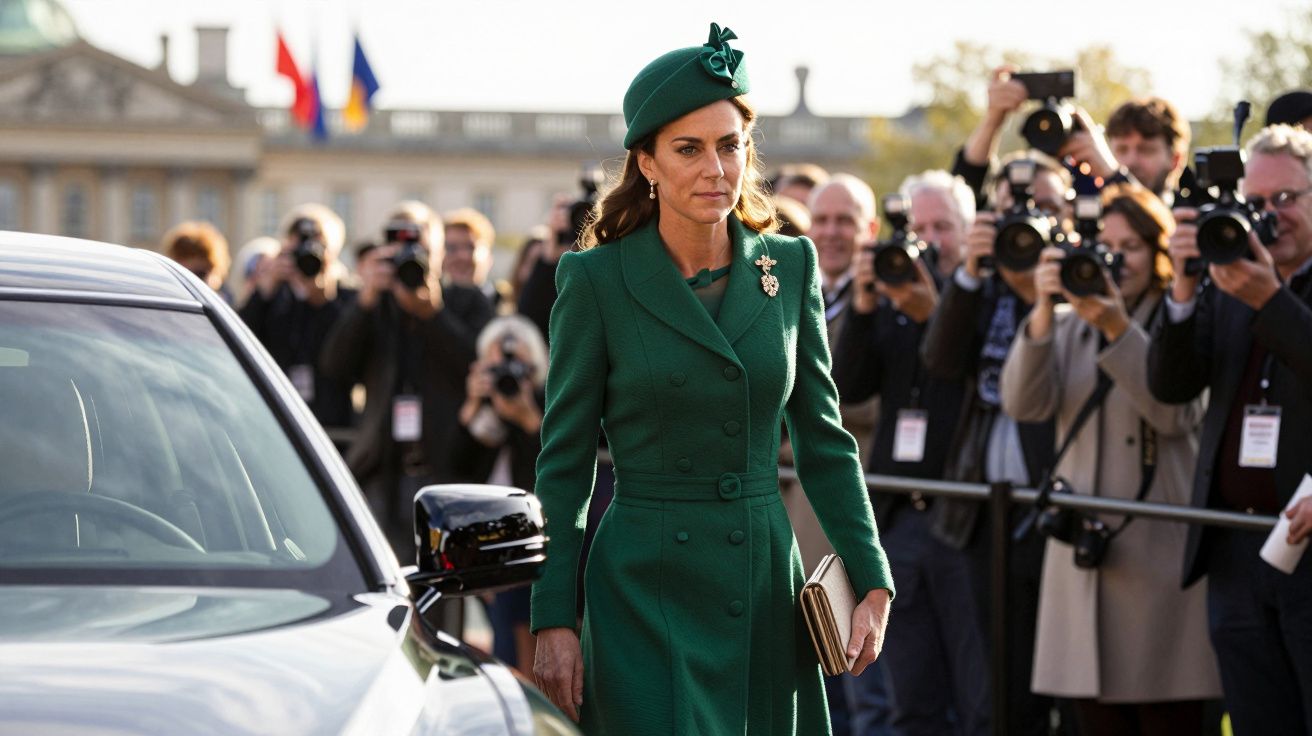 Mulher elegante de verde com chapéu caminha junto a carro enquanto fotógrafos tiram fotos ao fundo.