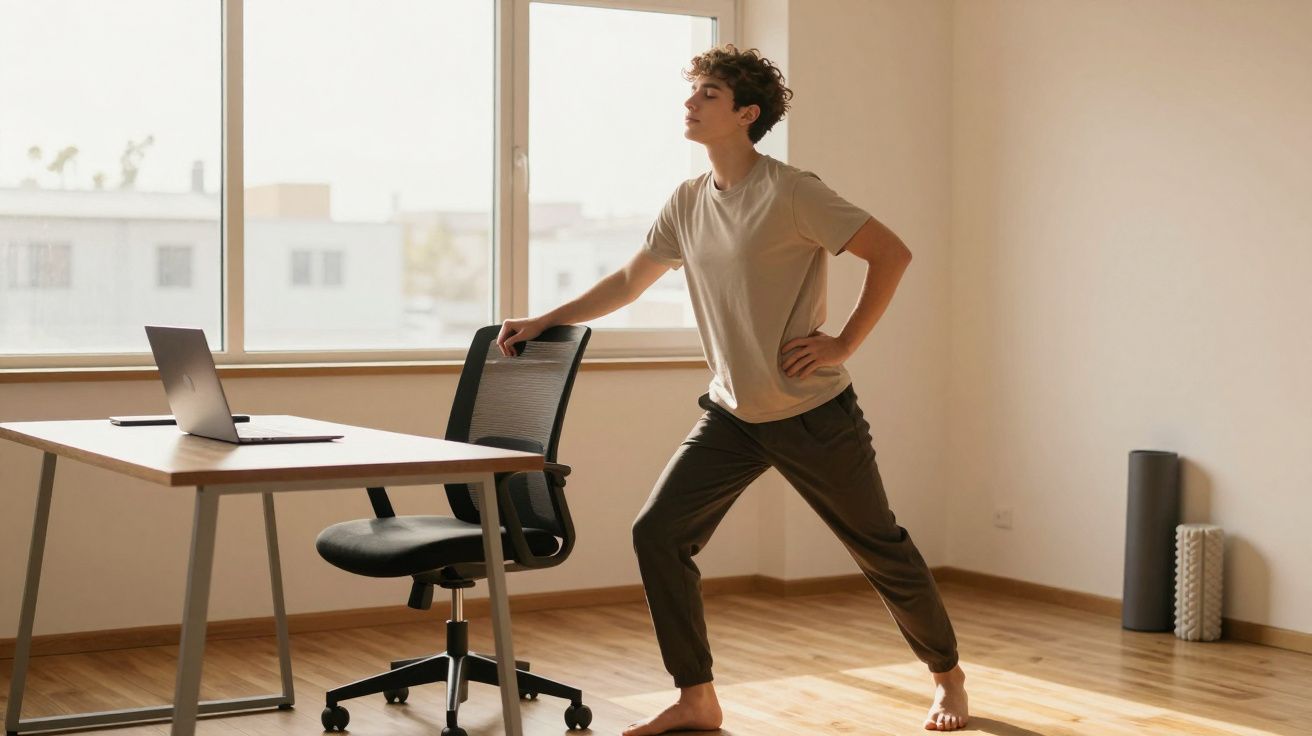 Pessoa jovem a fazer alongamentos segurando numa cadeira junto a uma secretária com computador portátil numa sala iluminada.