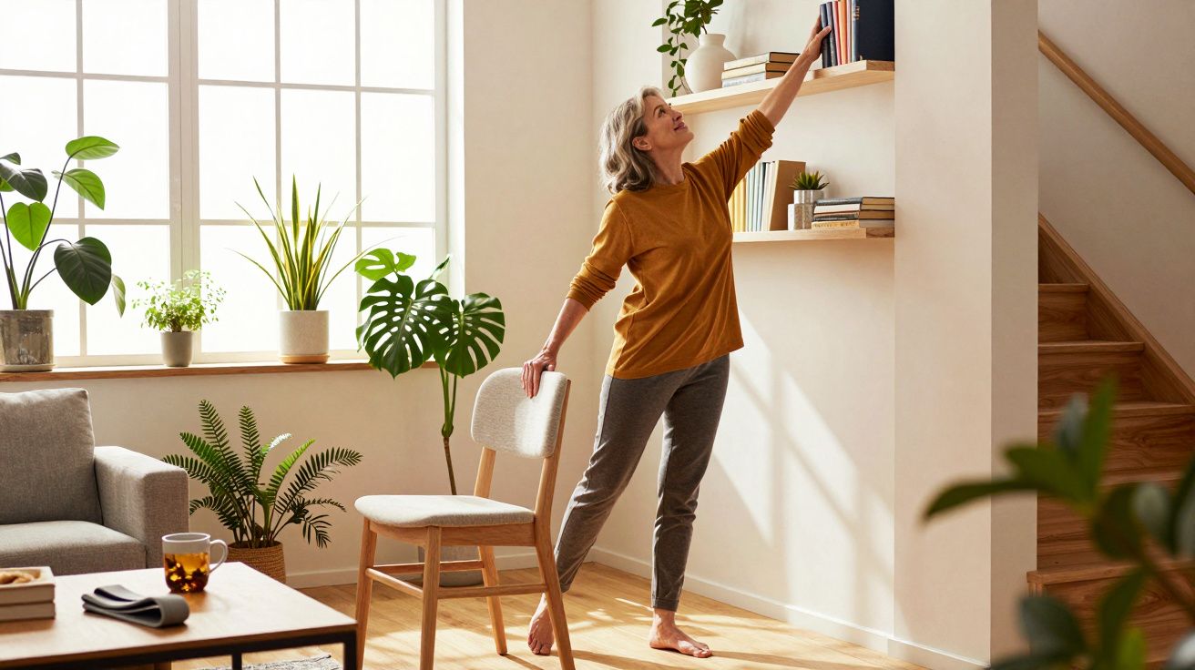 Mulher usa cadeira para se alongar e alcançar livros numa estante numa sala luminosa com plantas.
