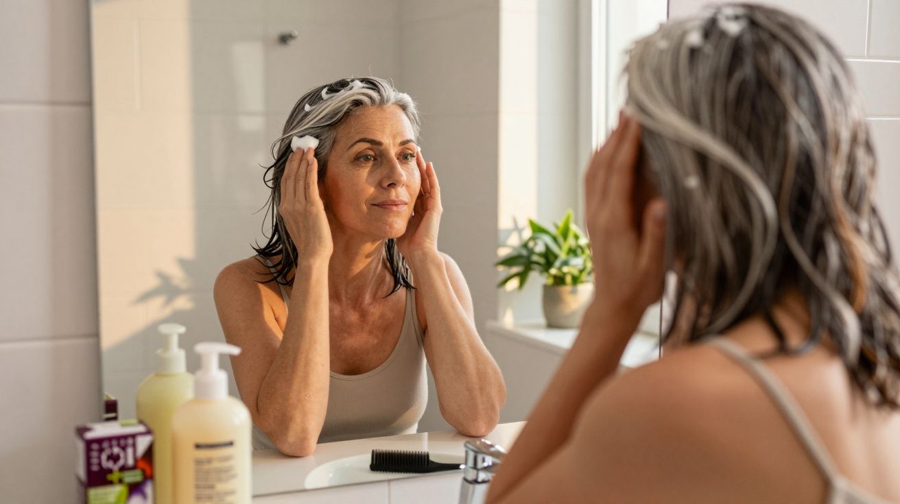 Mulher de meia-idade a lavar o cabelo com espuma no banho, a olhar para o espelho no banheiro iluminado.