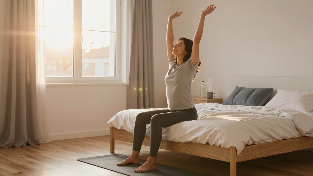 Mulher estica os braços sentada na cama ao nascer do sol num quarto minimalista e acolhedor.