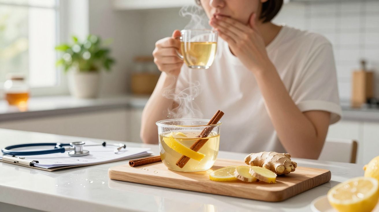 Pessoa a beber chá de limão e canela para aliviar a dor de garganta numa cozinha luminosa.