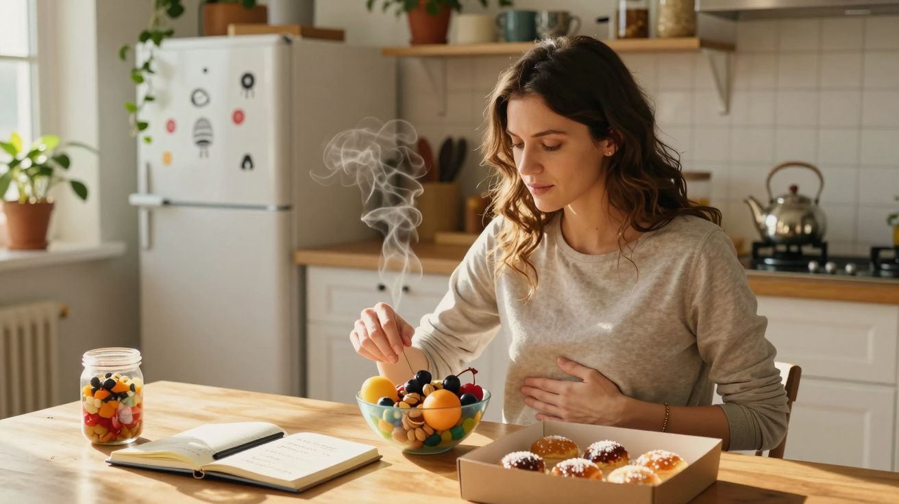 Mulher grávida sentada à mesa da cozinha com frutas e doces, segurando a barriga com uma mão.