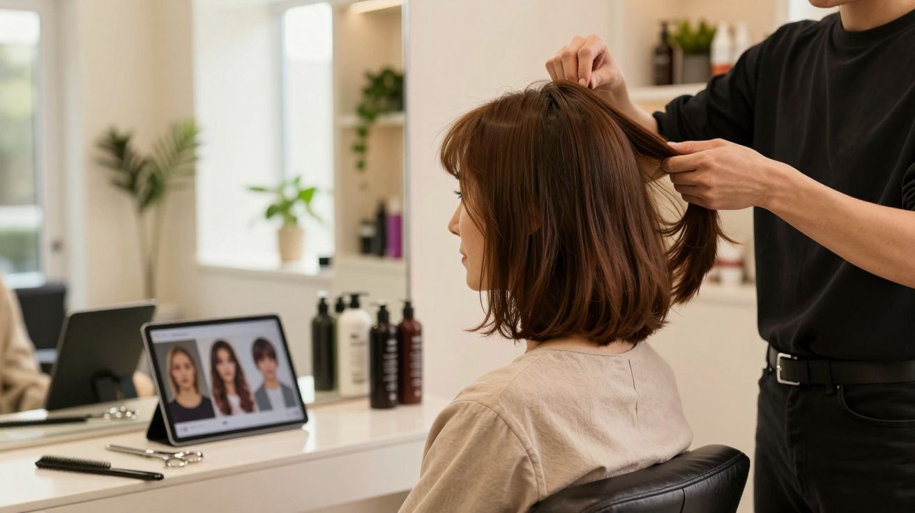 Mulher com cabelo castanho curto sentada num salão de cabeleireiro a escolher penteado num tablet.