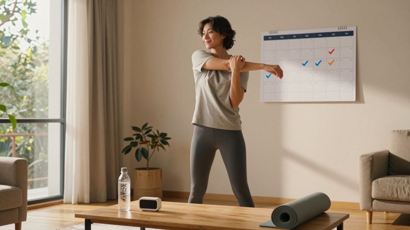 Mulher a esticar o braço numa sala com colchonete, garrafa de água e calendário na parede.