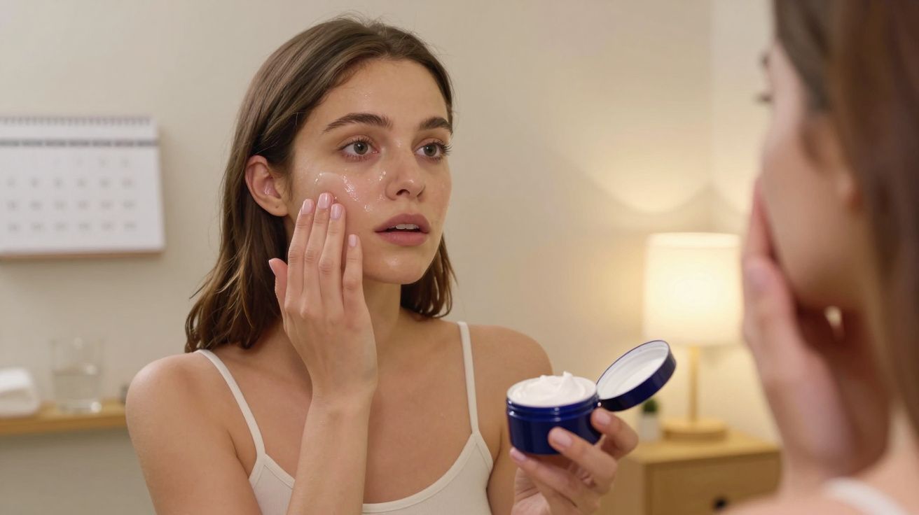 Mulher aplica creme facial em frente ao espelho numa divisão com iluminação acolhedora.