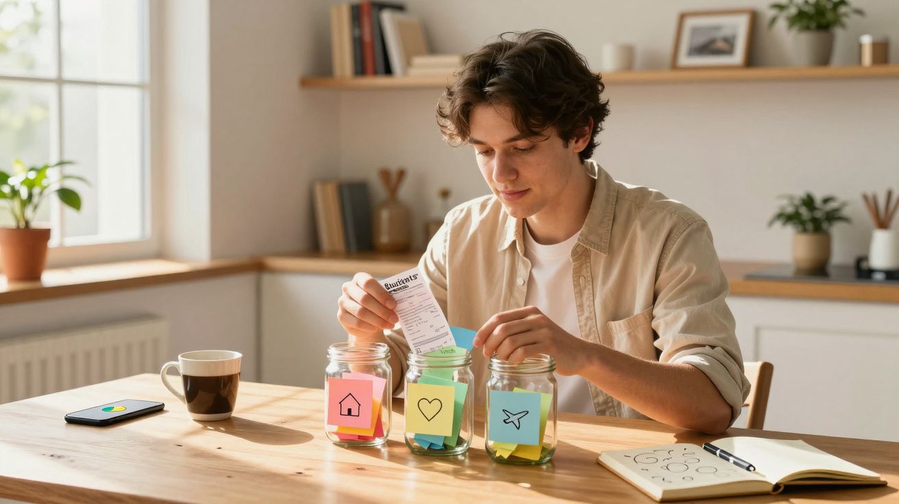 Jovem sentado a separar dinheiro em três frascos, cada um com um símbolo diferente, numa mesa de madeira.