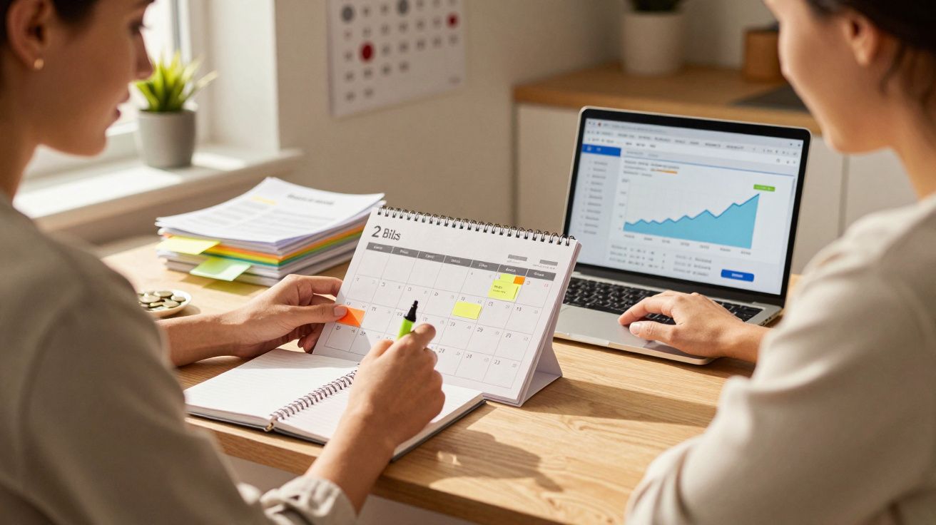 Duas pessoas a analisar calendário de mesa e gráfico de crescimento num computador portátil numa secretária.