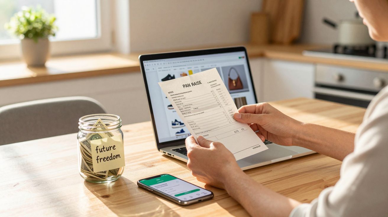 Pessoa a consultar documento financeiro com portátil e telemóvel numa mesa de madeira, jarro com dinheiro etiquetado "future 