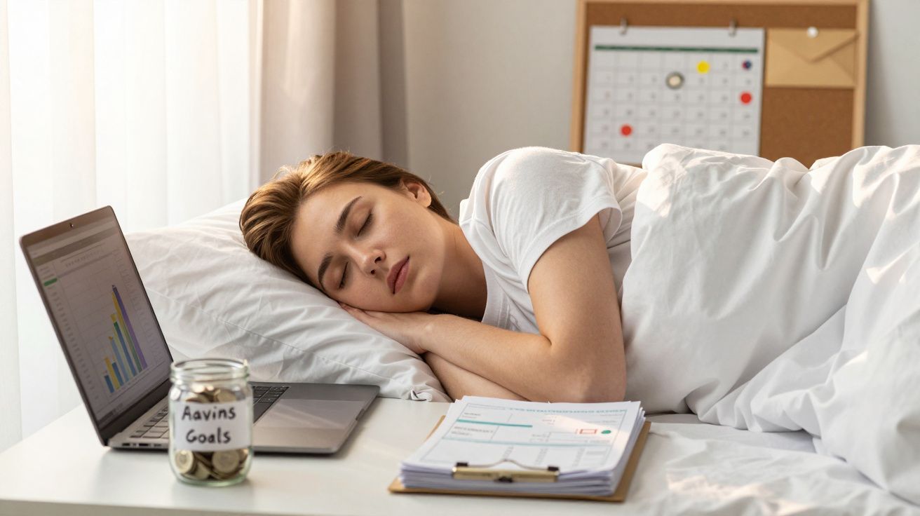 Jovem a dormir na cama ao lado de laptop, moedas num frasco e documentos numa secretária branca.