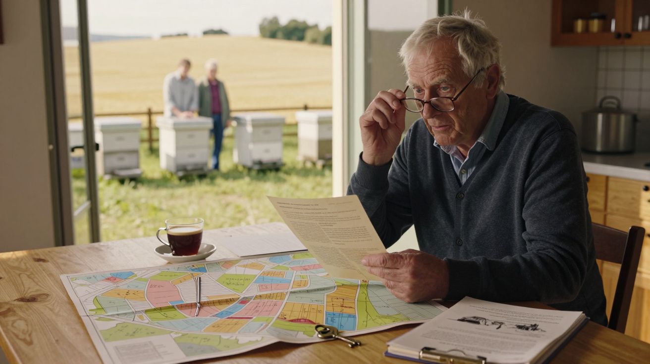 Homem idoso a ler um documento numa mesa com mapas coloridos e chave, com dois homens e colmeias ao fundo.