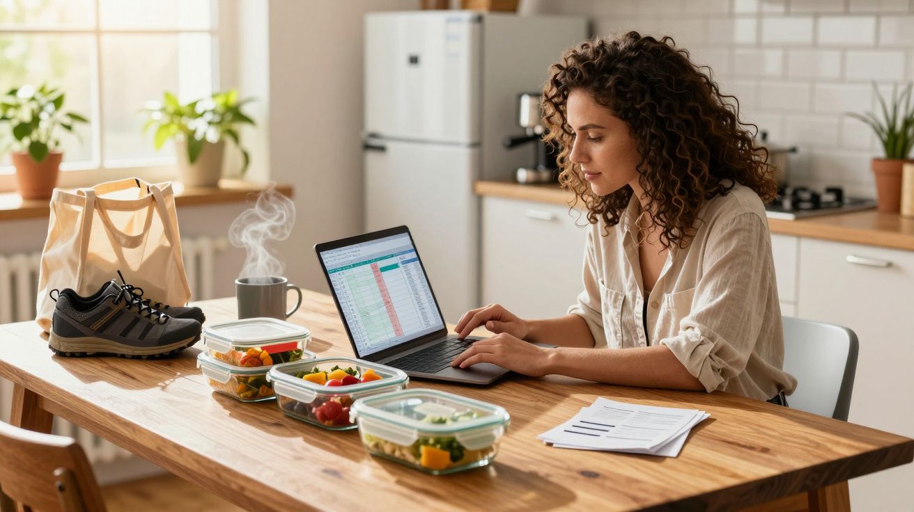 Mulher a trabalhar num portátil numa cozinha, com refeições embaladas e um par de sapatilhas numa mesa de madeira.