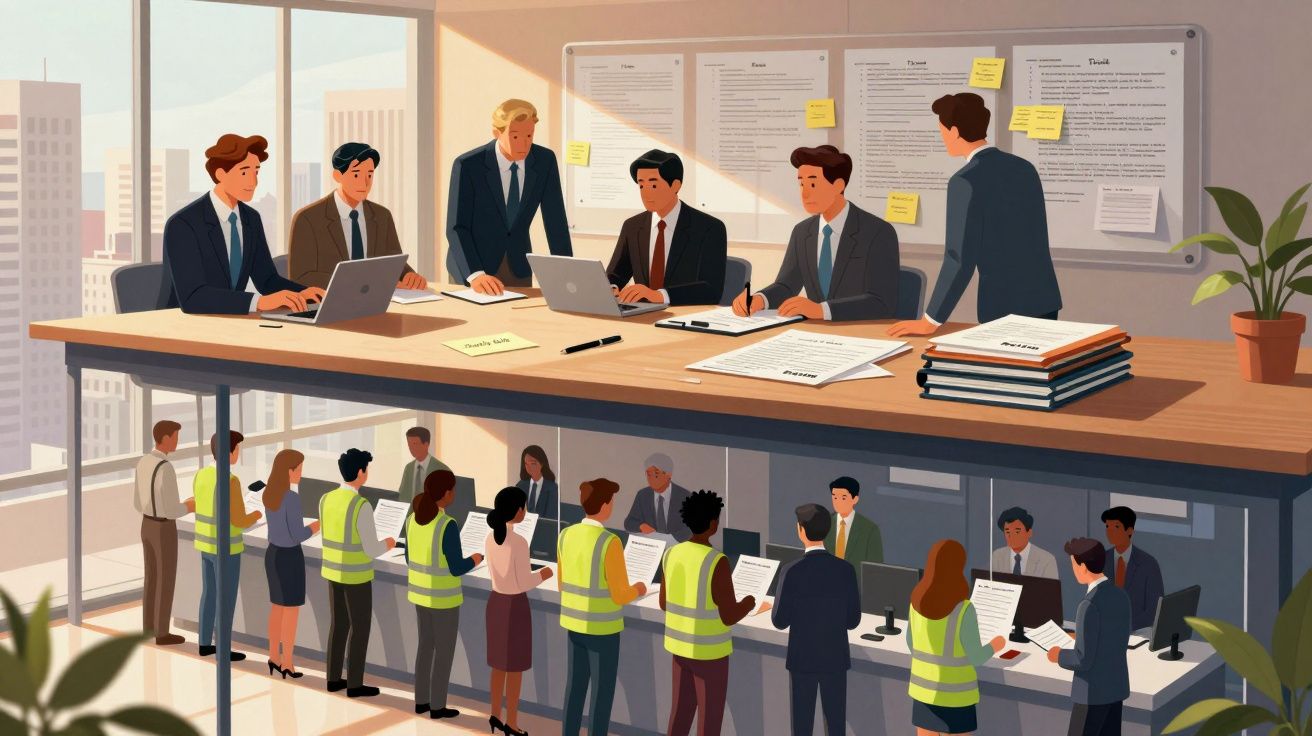 Sala de reunião empresarial com cinco homens em fato em cima e grupo diverso a receber documentos em balcão abaixo.