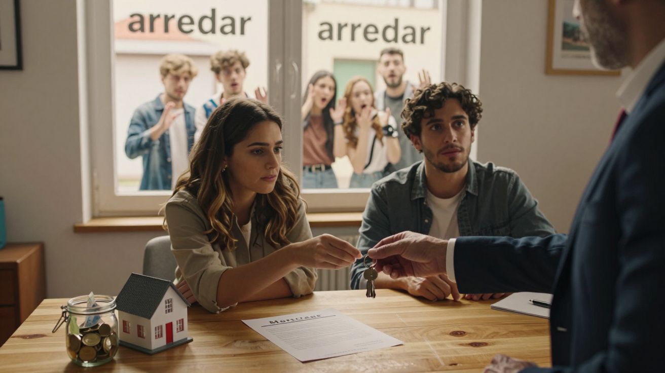 Casal a receber as chaves da casa enquanto grupo observa surpreso pela janela de imobiliária.