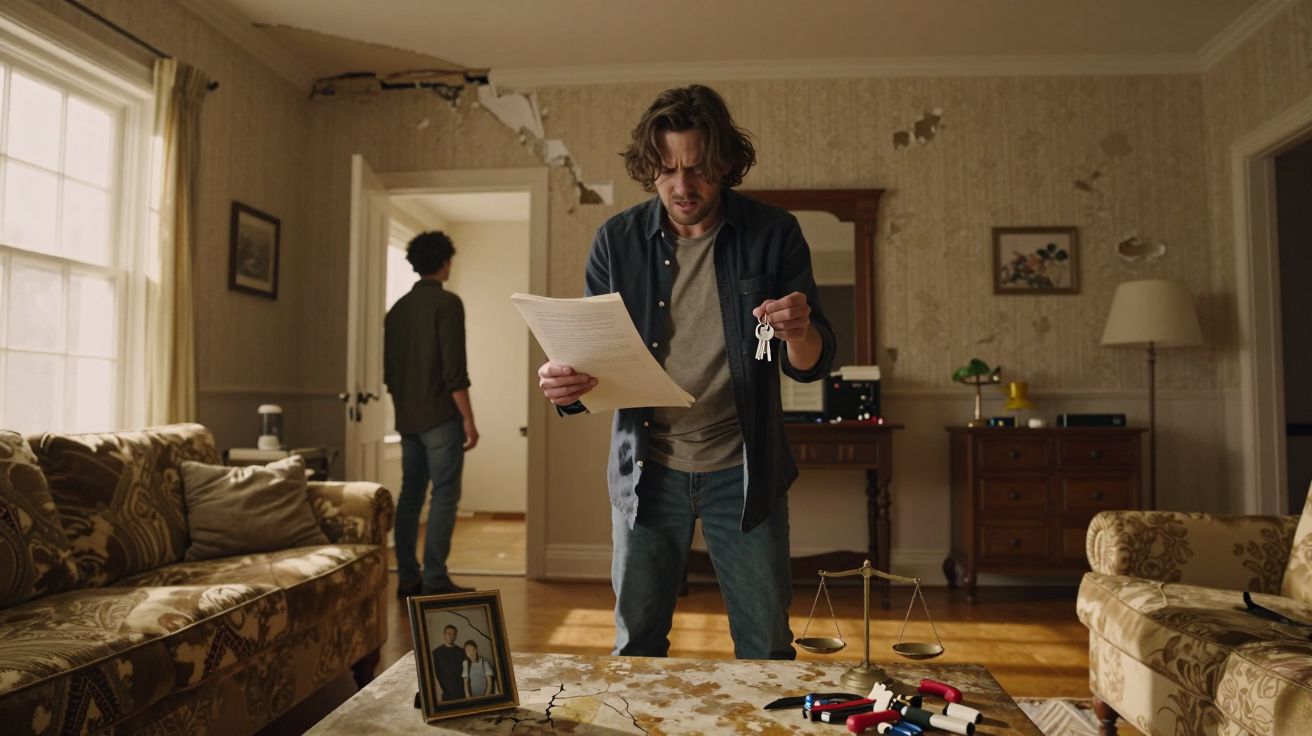 Homem segurando chaves e lendo papel numa sala antiga com parede danificada e outra pessoa ao fundo de costas.