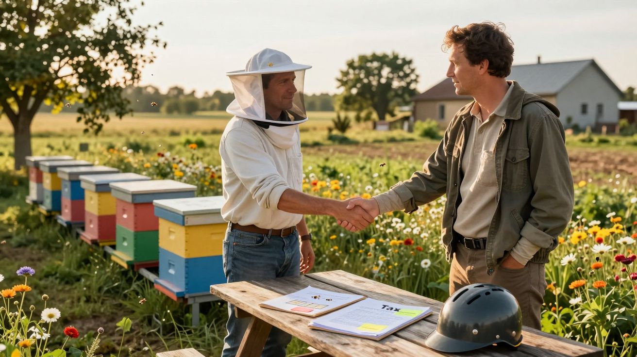 Dois homens apertam as mãos junto a colmeias coloridas num campo florido ao pôr do sol.