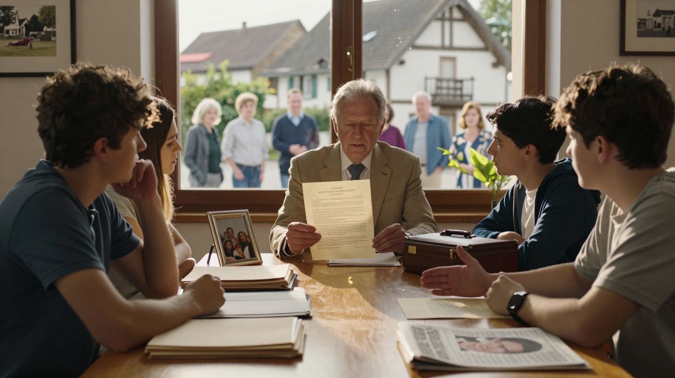 Grupo de jovens e homem idoso a ler documentos numa sala, com pessoas a observar pela janela.
