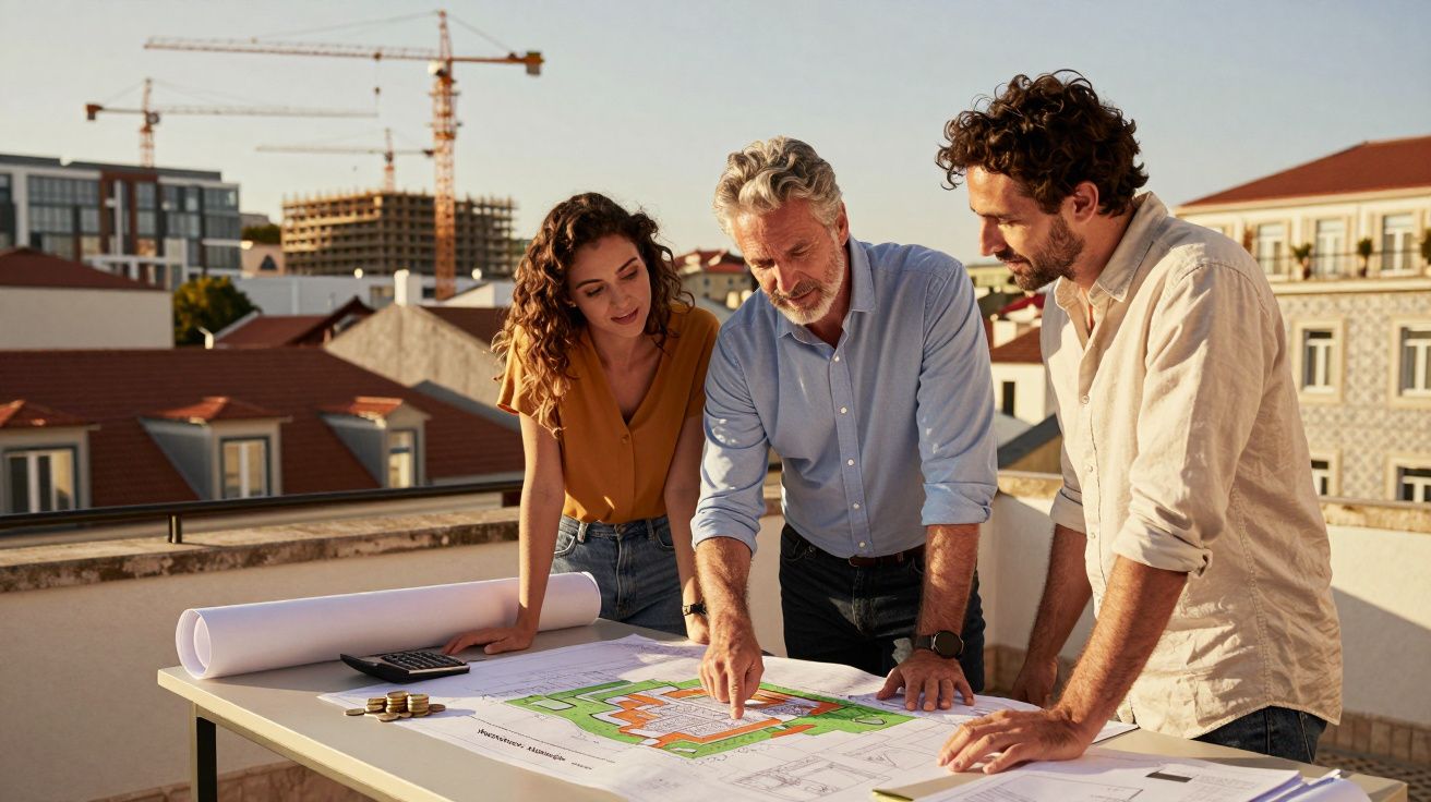 Três arquitetos discutem plantas de construção numa mesa ao ar livre com prédios e gruas ao fundo.