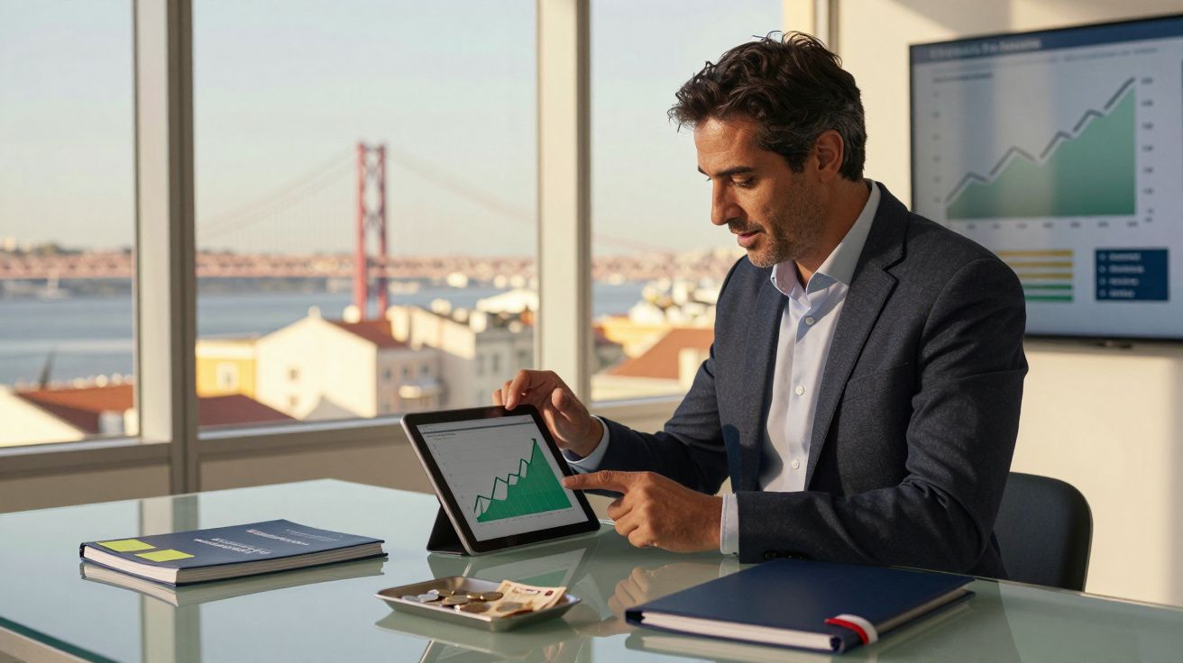 Homem de negócios numa sala com vista para uma ponte, analisando gráfico de crescimento num tablet.