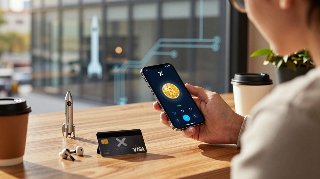 Pessoa a segurar smartphone com aplicação de Bitcoin, cartão Visa, auriculares e chávena numa mesa de madeira.