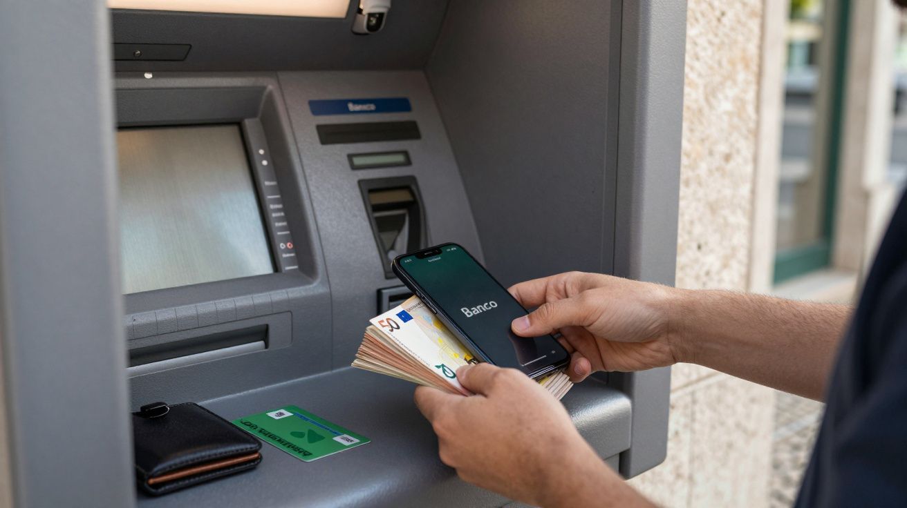 Pessoa a usar telemóvel e a contar notas de euro junto a um multibanco num ambiente urbano.