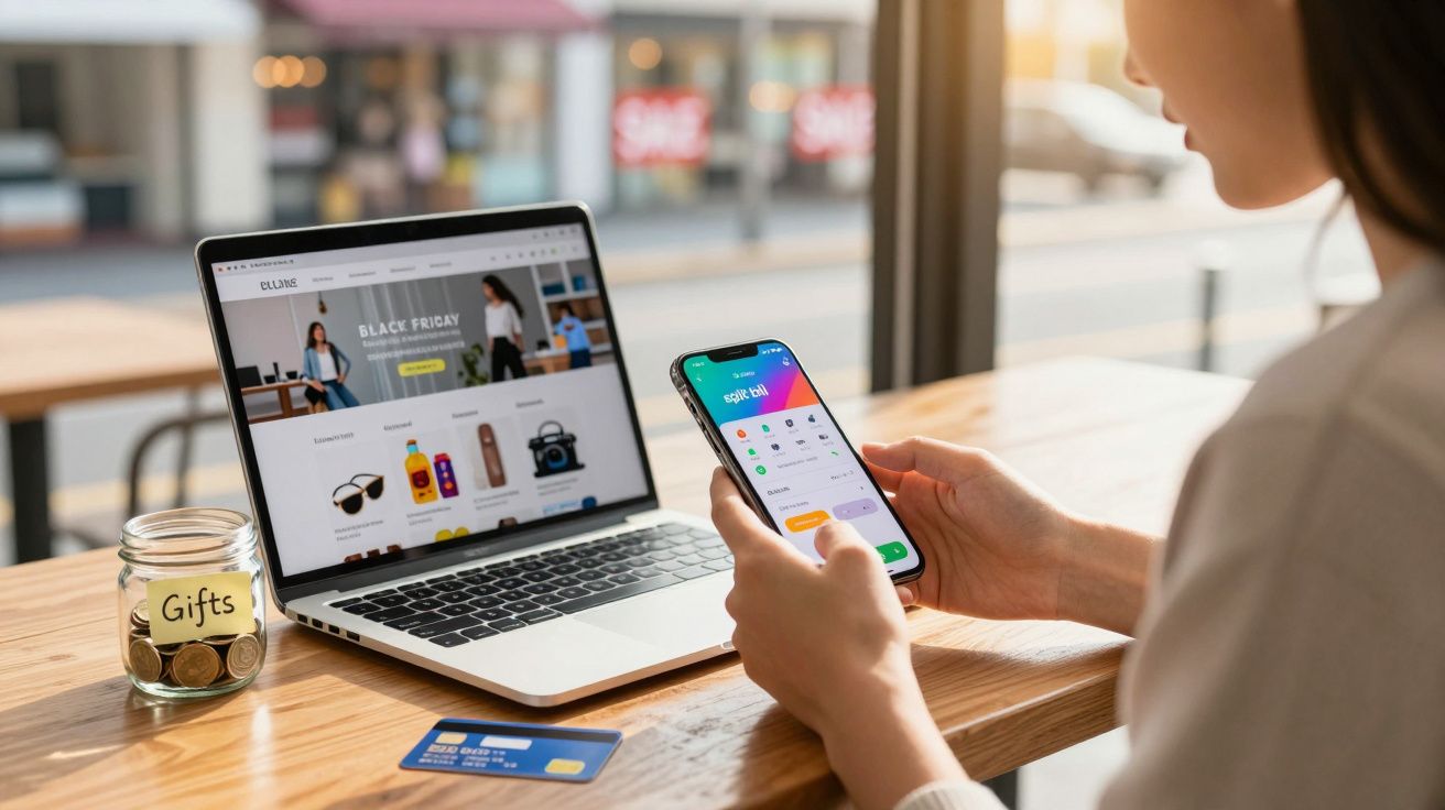 Pessoa a fazer compras online num computador e smartphone, com cartão e dinheiro numa jarra ao lado.