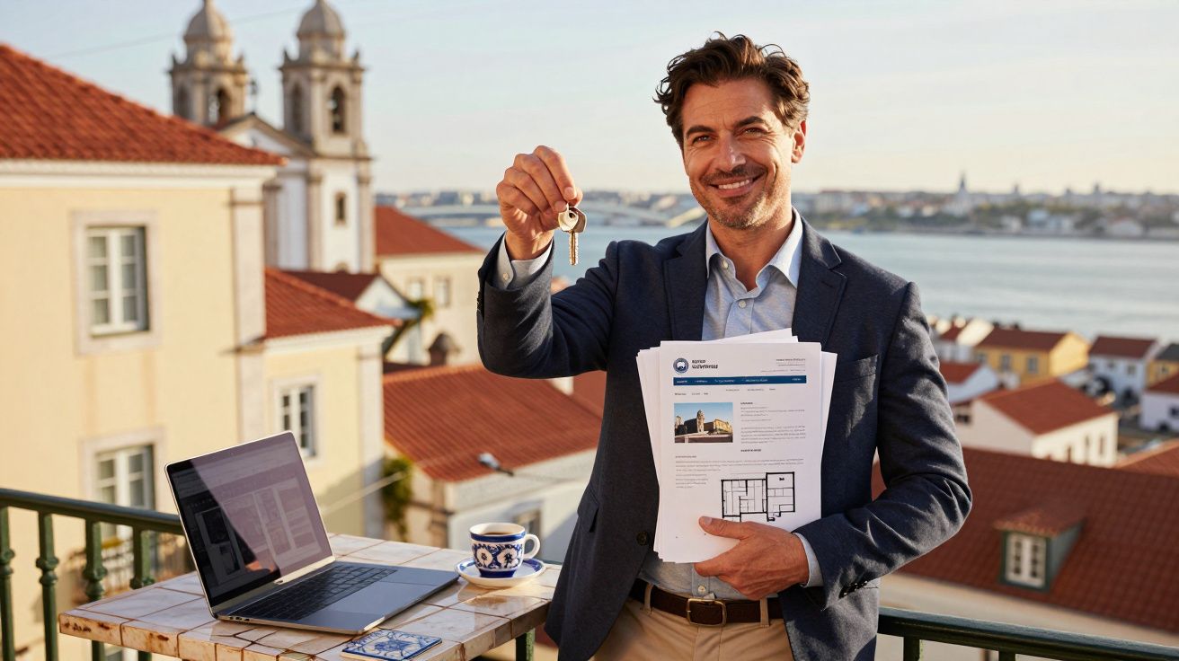 Homem sorridente segurando chaves e plantas de imóvel numa varanda com vista para rio e casas com telhados vermelhos.