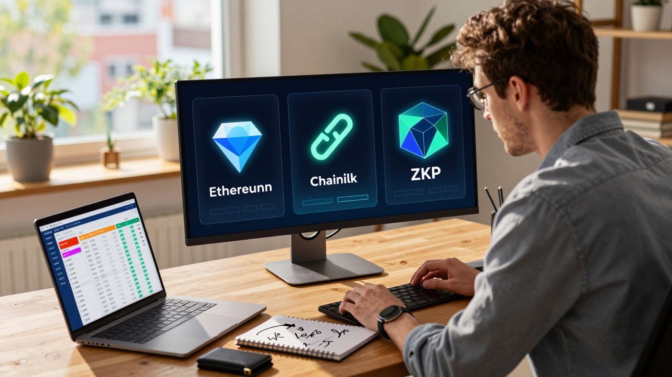 Homem a trabalhar num computador com gráficos de Ethereum, Chainlink e ZKP na ecrã principal.