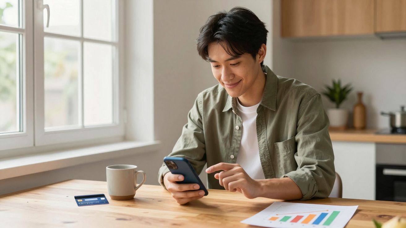 Jovem sentado à mesa em casa a usar telemóvel, com gráfico, cartão e caneca à frente.