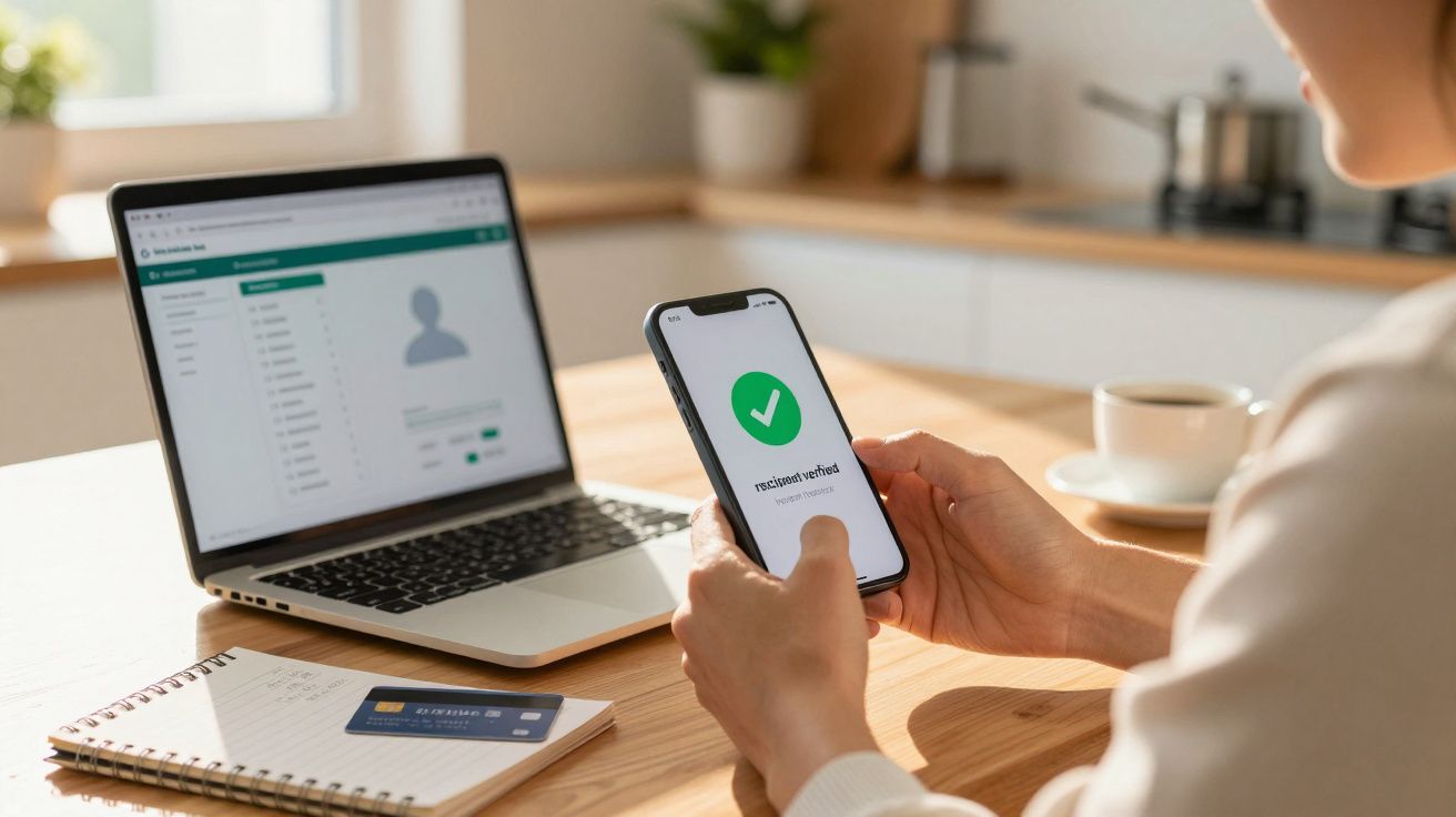 Pessoa a verificar confirmação num telemóvel, com portátil, caderno, cartão de crédito e chá numa mesa.